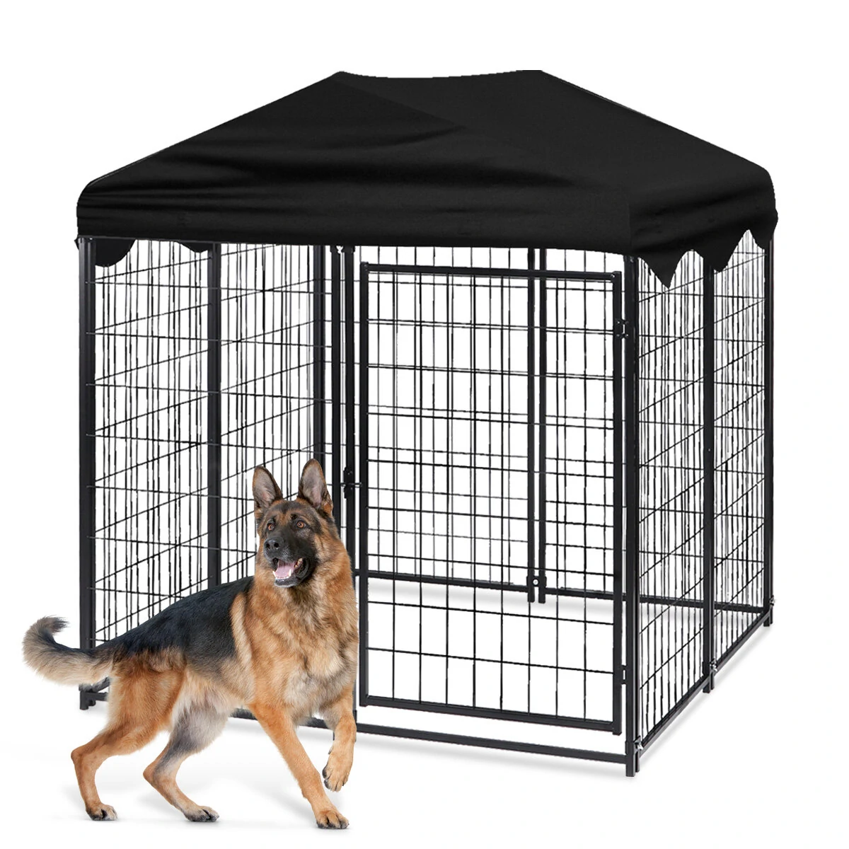(image for) PawGiant Large Dog Kennel Outdoor Dog House with Roof 4ft x 4.2ft x 4.45ft Heavy Duty Metal for Large to Small Dog, Outside Dog Kennel Pet Crate Cage Playpen with UV-Proof Waterproof Cover