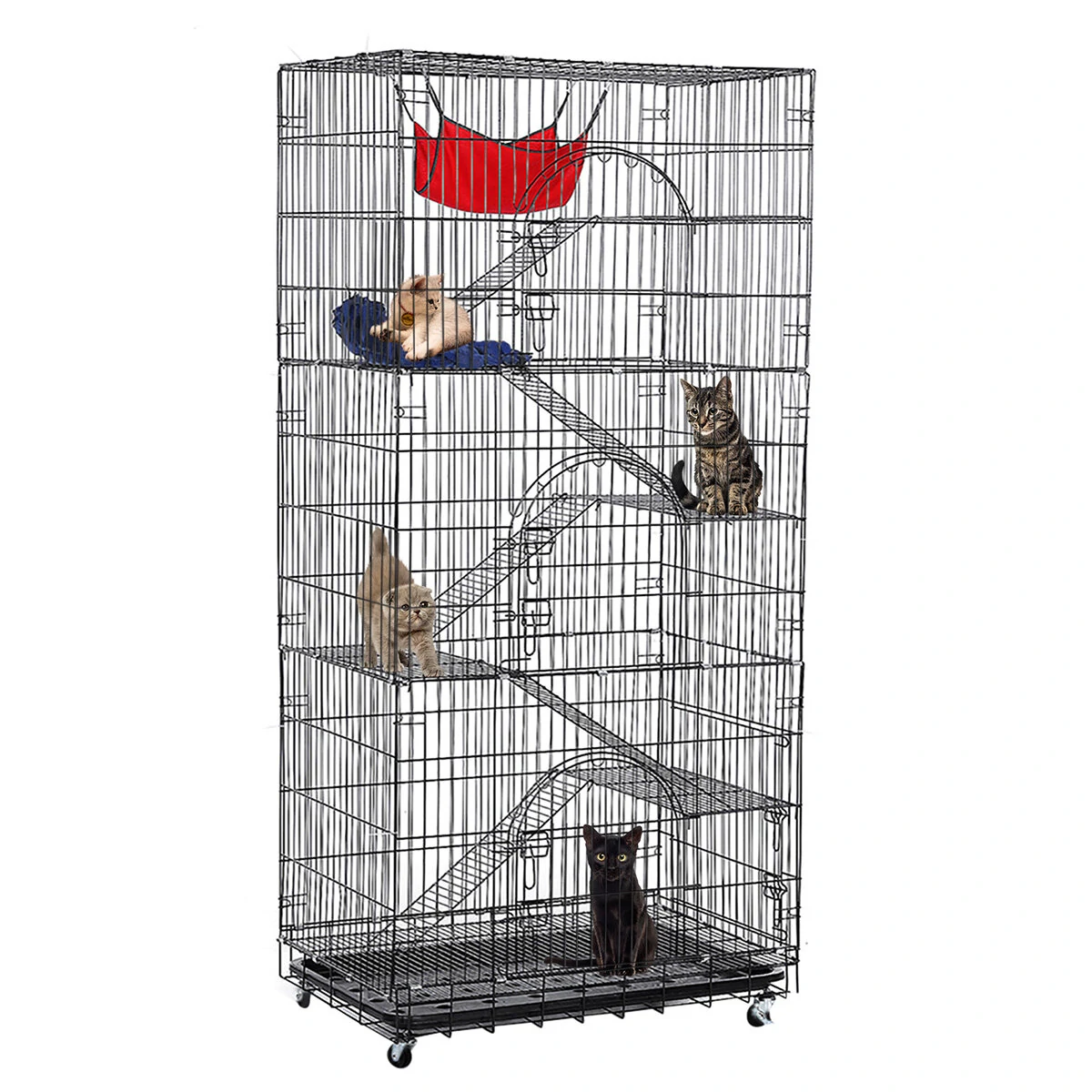 (image for) PawGiant Oversized 6 Tier Cat Cage 77" Tall 1-5 Cats w/Hammock, Cat Bed & 5 Ramp Ladders 5 Platforms 3 Front Door Tray Cat Litter Playpen Cat House Pet Pen